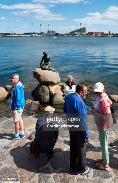 tourists at the little mermaid statue in copenhagen harbour - copenhagen mermaid stock pictures, royalty-free photos & images