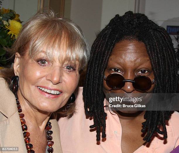 Hosts of "The View" Barbara Walters poses with Whoopi Goldberg at her backstage after her performance in "Xanadu" on Broadway at The Helen Hayes...