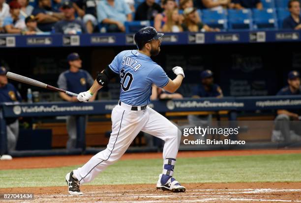 Steven Souza Jr. #20 of the Tampa Bay Rays hits a walk-off home run off of pitcher Jacob Barnes of the Milwaukee Brewers during the bottom of the...