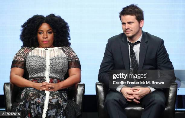 Actors Kimberly Hebert Gregory and Jason Ritter of "Kevin Saves the World" speak onstage during the Disney/ABC Television Group portion of the 2017...