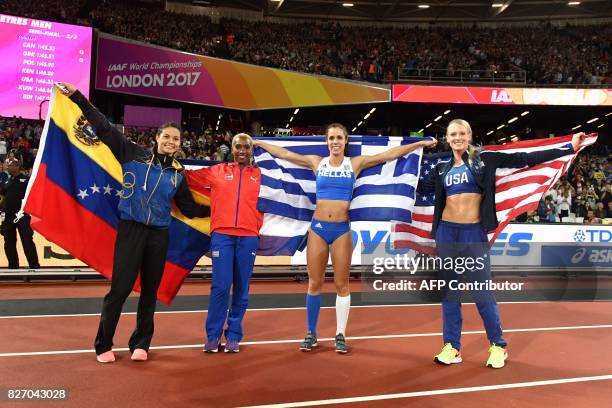 Bronze medallists Venezuela's Robeilys Peinado, Cuba's Yarisley Silva, gold medallist Greece's Ekateríni Stefanídi and silver US athlete Sandi Morris...