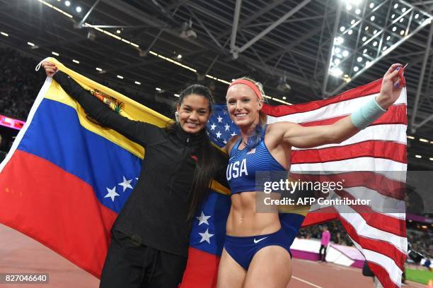 Bronze medallist Venezuela's Robeilys Peinado and silver medallist US athlete Sandi Morris pose after the final of the women's pole vault athletics...