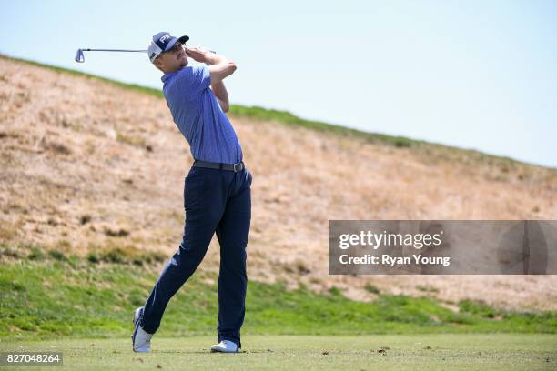 Jim Knous plays his shot from the second tee during the final round of the Web.com Tour Ellie Mae Classic at TPC Stonebrae on August 6, 2017 in...