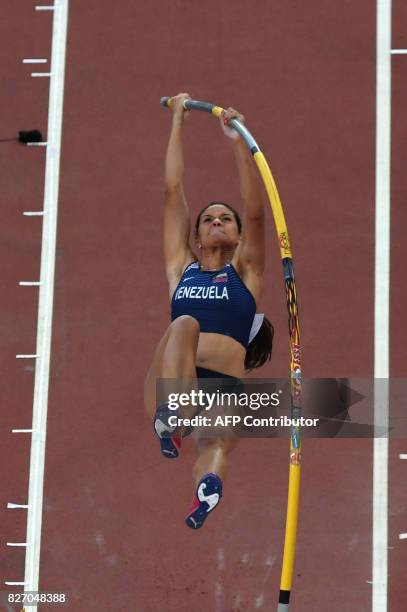 Venezuela's Robeilys Peinado competes in the final of the women's pole vault athletics event at the 2017 IAAF World Championships at the London...