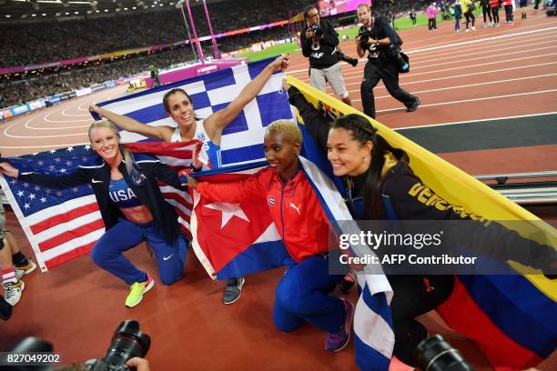 Second placed US athlete Sandi Morris , gold Greece's Ekateríni Stefanídi and third placed Cuba's Yarisley Silva and Venezuela's Robeilys Peinado...