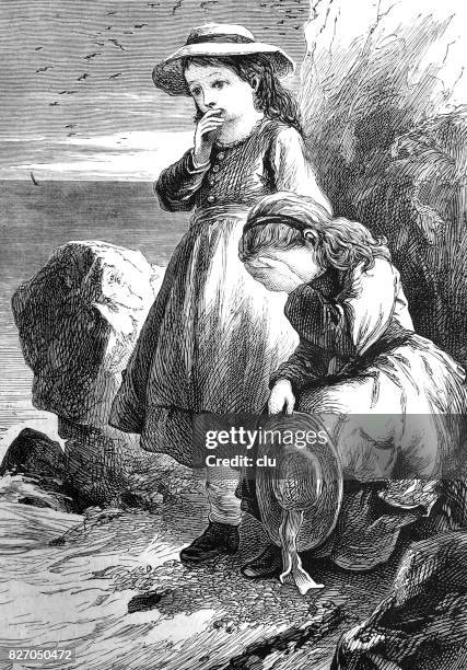 two girls standing at the beach crying for help - missing children stock illustrations