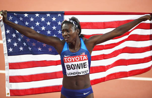 Tori Bowie of the United States celebrates winning gold in the Women's 100 Metres Final during day three of the 16th IAAF World Athletics...