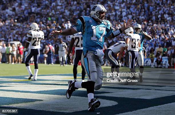 Quarterback Jake Delhomme of the Carolina Panthers celebrates after throwing the game winning touchdown to Dante Rosario in the fourth quarter...