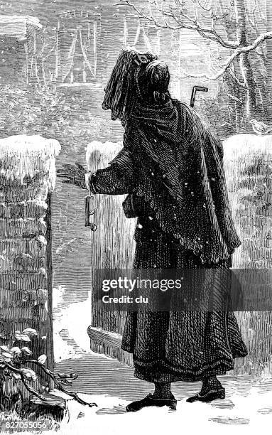 the old lady arrives at her house door in snowy winter - 1876 stock illustrations