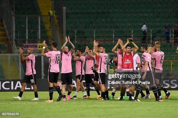 Players of Palermo greet supporters after winning the Tim Cup match between US Citta' di Palermo and Virtus Francavilla at Renzo Barbera Stadium on...
