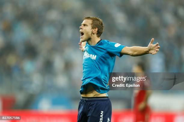 Aleksandr Kokorin of FC Zenit Saint Petersburg celebrates his goal during the Russian Football League match between FC Zenit St. Petersburg and FC...