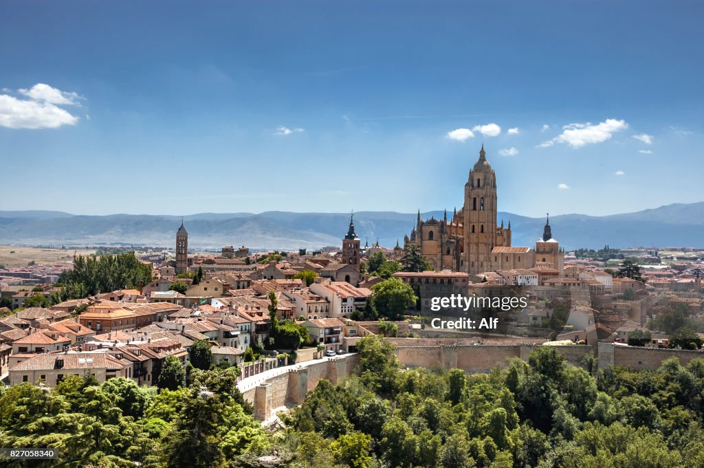 Panoramic view of the historic center of Segovia from the Alcazar, Segovia, Spain