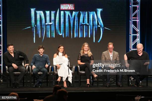 Actors Anson Mount, Iwan Rheon, Serinda Swan, Ellen Woglom, executive producers Scott Buck and Jeph Loeb of "Inhumans" speak onstage during the...