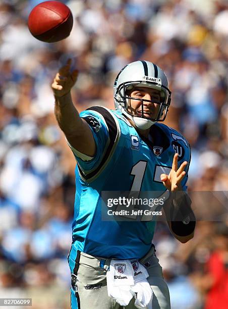 Quarterback Jake Delhomme of the Carolina Panthers throws a pass against the San Diego Chargers at Qualcomm Stadium on September 7, 2008 in San...