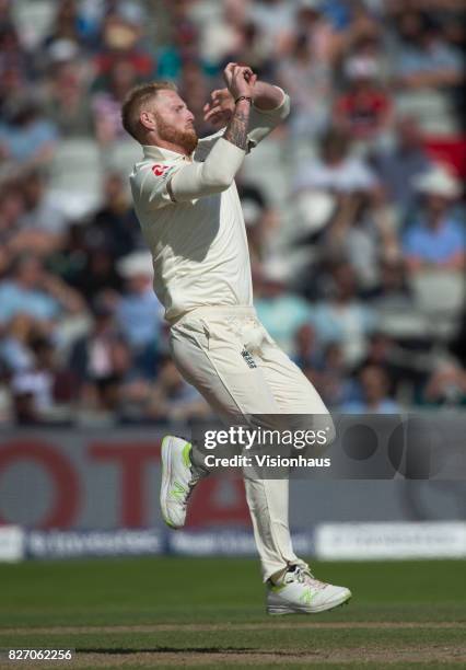 Ben Stokes of England bowling during the second day of the fourth test between England and South Africa at Old Trafford on August 5, 2017 in...