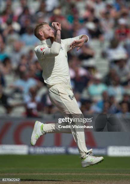 Ben Stokes of England bowling during the second day of the fourth test between England and South Africa at Old Trafford on August 5, 2017 in...