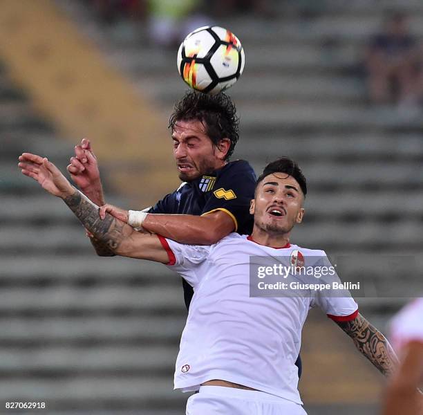 Gianni Munari of Parma Calcio and Aniello Salzano of AS Bari in action during the TIM Cup match between AS Bari and Parma Calcio at Stadio San Nicola...