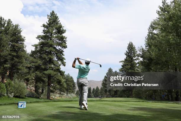 Robert Garrigus plays his shot from the 18th tee during the final round of the Barracuda Championship at Montreux Country Club on August 6, 2017 in...