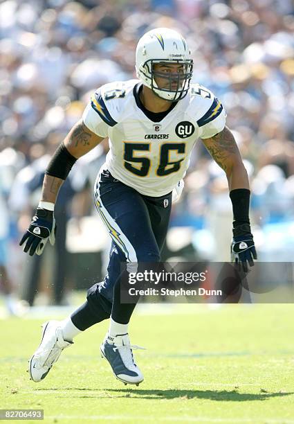 Linebacker Shawne Merriman of the San Diego Chargers pursues the play against the Carolina Panthers on September 7, 2008 at Qualcomm Stadium in San...
