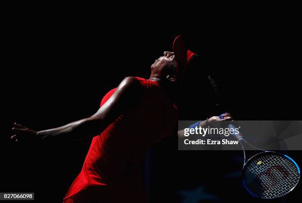 Madison Keys serves to CoCo Vandeweghe during the finals on Day 7 of the Bank of the West Classic at Stanford University Taube Family Tennis Stadium...
