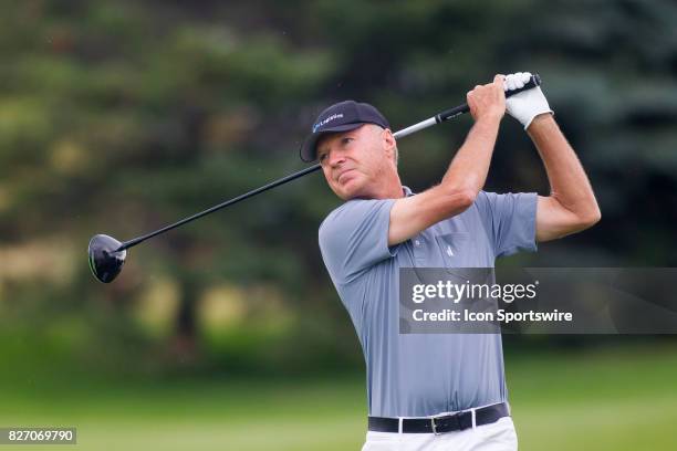 Gary Hallberg tees off on the 1st hole during the Final Round of the 3M Championship on August 6, 2017 at TPC Twin Cities in Blaine, Minnesota.