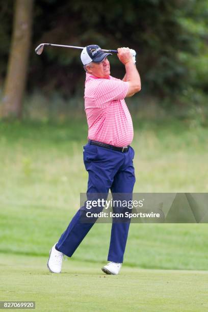 Kenny Perry hits his approach shot on the 1st hole during the Final Round of the 3M Championship on August 6, 2017 at TPC Twin Cities in Blaine,...