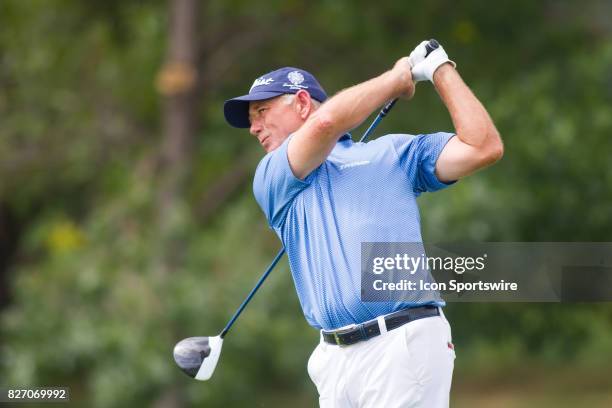Mike Goodes hits his tee shot on the 10th hole during the Final Round of the 3M Championship on August 6, 2017 at TPC Twin Cities in Blaine,...