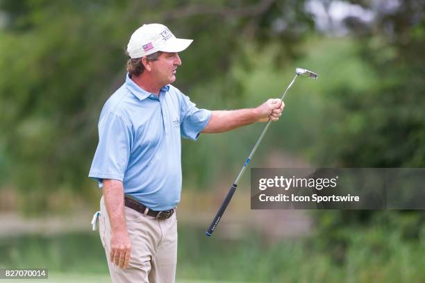 Gene Sauers celebrates after putting for birdie on the 1st hole during the Final Round of the 3M Championship on August 6, 2017 at TPC Twin Cities in...