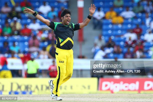 In this handout image provided by CPL T20, Mohammed Sami of Jamaica Tallawahs appeals unsuccessfully during Match 5 of the 2017 Hero Caribbean...