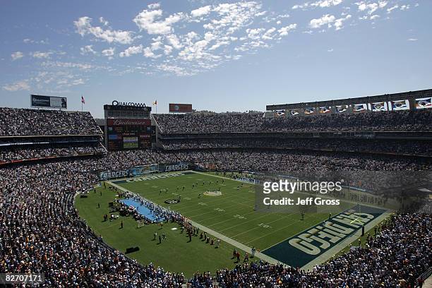 General view of Qualcomm Stadium during the kickoff of the game between the Carolina Panthers and the San Diego Chargers on September 7, 2008 in San...