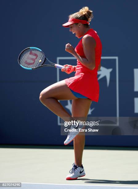 Madison Keys celebrates after beating CoCo Vandeweghe in the finals on Day 7 of the Bank of the West Classic at Stanford University Taube Family...