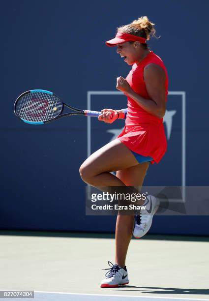 Madison Keys celebrates after beating CoCo Vandeweghe in the finals on Day 7 of the Bank of the West Classic at Stanford University Taube Family...