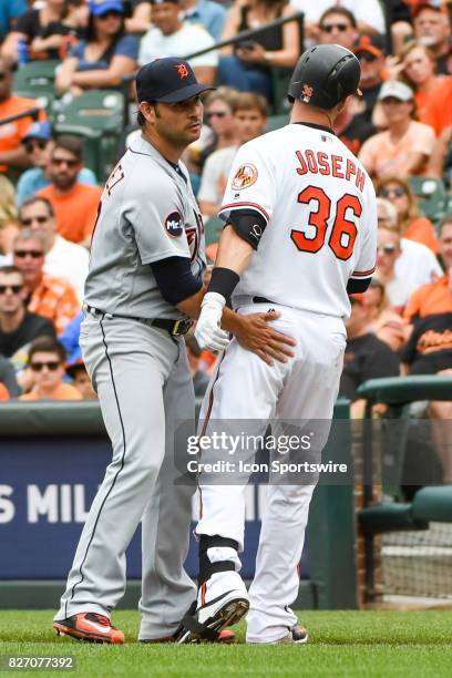 Baltimore Orioles catcher Caleb Joseph gets a pat on the butt and is tagged out by Detroit Tigers relief pitcher Anibal Sanchez during an MLB game...