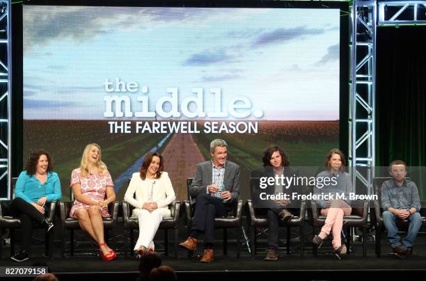 Creator/executive producers Eileen Heisler, DeAnn Heline, actors Patricia Heaton, Neil Flynn, Charlie McDermott, Eden Sher, and Atticus Shaffer of...