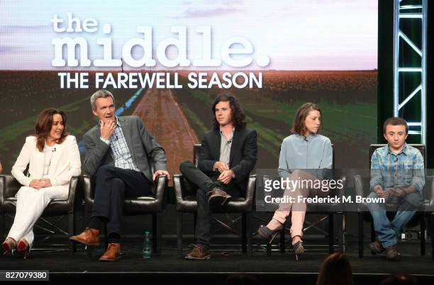 Actors Patricia Heaton, Neil Flynn, Charlie McDermott, Eden Sher, and Atticus Shaffer of "The Middle" speak onstage during the Disney/ABC Television...