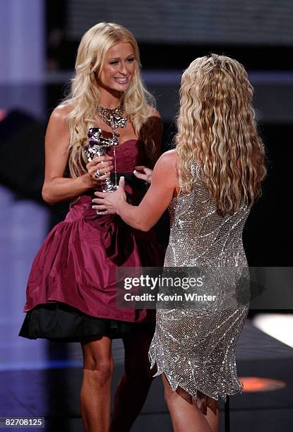 Paris Hilton presents singer Britney Spears with the Best Pop Video award for "Piece of Me" at the 2008 MTV Video Music Awards at Paramount Pictures...