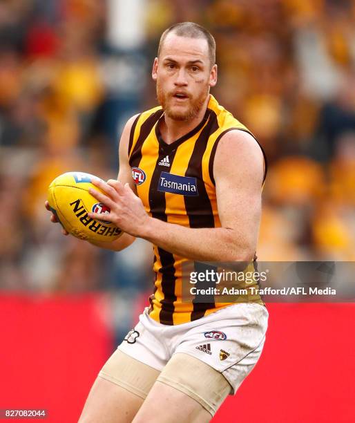 Jarryd Roughead of the Hawks in action in his 250th game during the 2017 AFL round 20 match between the Richmond Tigers and the Hawthorn Hawks at the...