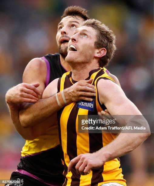 Toby Nankervis of the Tigers and Ben McEvoy of the Hawks compete in a ruck contest during the 2017 AFL round 20 match between the Richmond Tigers and...