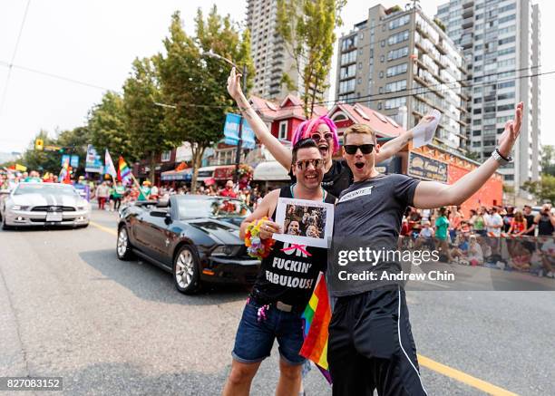 Netflix's Sense8 cast members Lana Wachowski and Brian J. Smith attend Vancouver Pride Parade on August 6, 2017 in Vancouver, Canada.