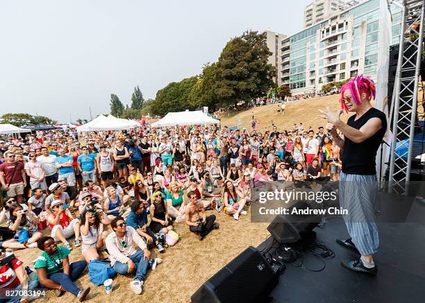 Netflix's Sense8 creator Lana Wachowski speaks to the audience during Vancouver Pride Parade on August 6, 2017 in Vancouver, Canada.