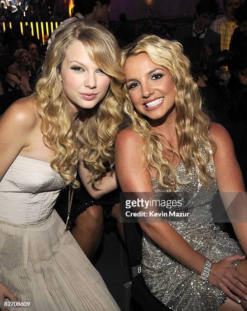 Taylor Swift and Britney Spears in the audience at the 2008 MTV Video Music Awards at Paramount Pictures Studios on September 7, 2008 in Los Angeles,...
