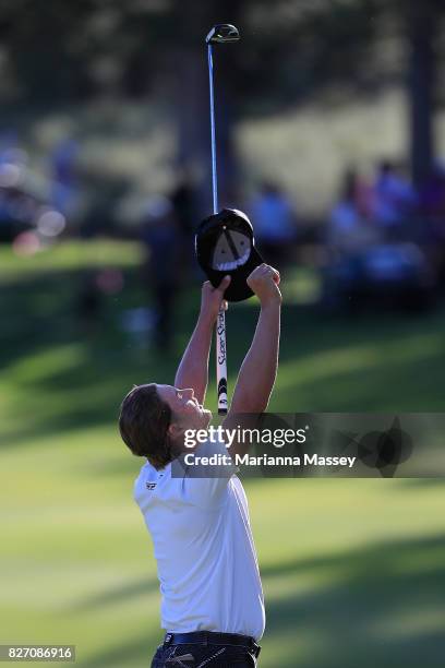 Chris Stroud celebrates after putting in to win during a second play-off hole during the final round of the Barracuda Championship at Montreux...