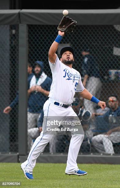 Melky Cabrera of the Kansas City Royals catches a ball hit by Nelson Cruz of the Seattle Mariners in the sixth inning in game two of a doubleheader...