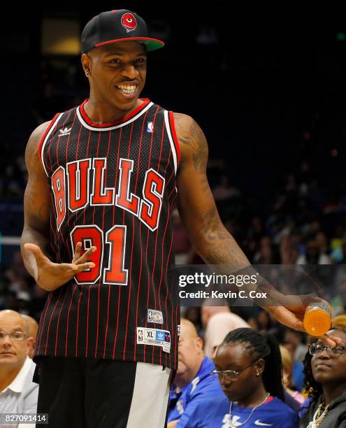 Rashad McCants reacts on the sidelines during the gamebetwen 3 Headed Monsters and the Ball Hogs during week seven of the BIG3 three on three...