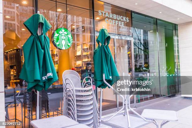 Starbucks coffee shop sign and entrance with worker