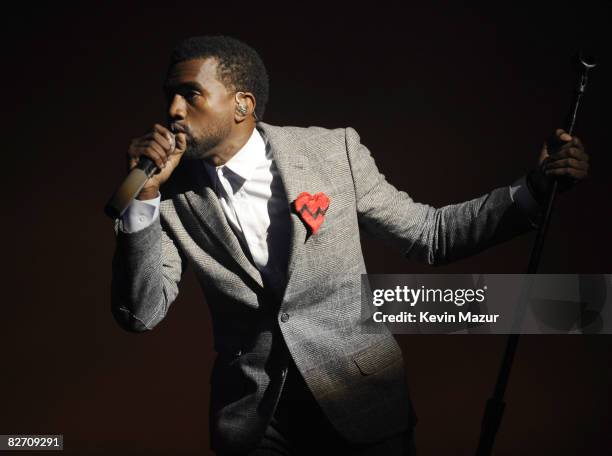 Kanye West performs at the 2008 MTV Video Music Awards at Paramount Pictures Studios on September 7, 2008 in Los Angeles, California.