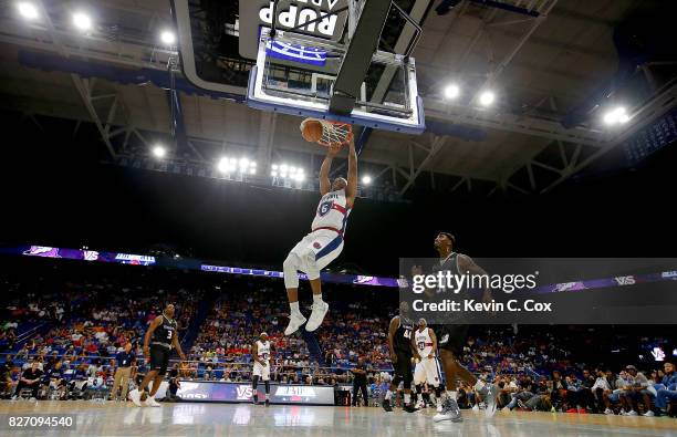 Bonzi Wells of Tri-State dunks the ball during the game against the Ghost Ballers during week seven of the BIG3 three on three basketball league at...