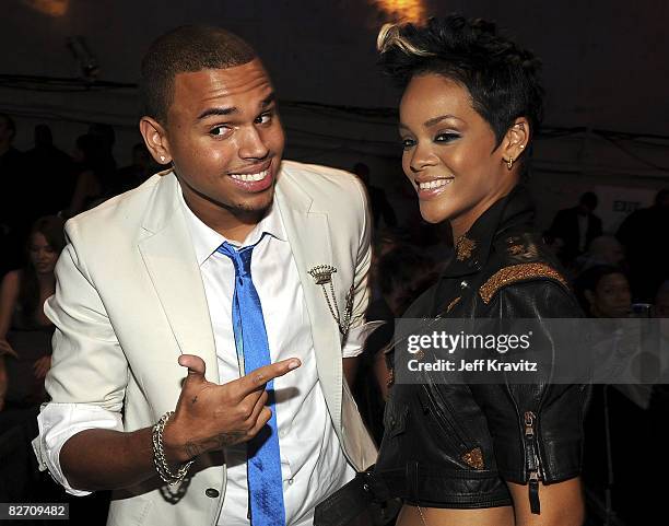 Singer Chris Brown and Singer Rihanna at the 2008 MTV Video Music Awards at Paramount Pictures Studios on September 7, 2008 in Los Angeles,...