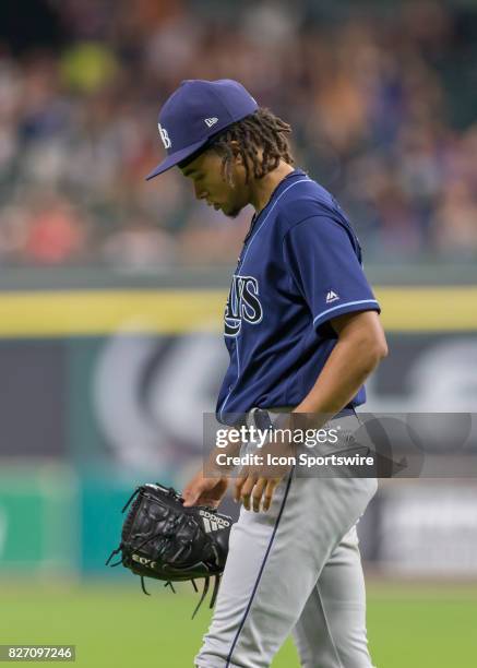 Tampa Bay Rays starting pitcher Chris Archer reacts after being relieved from the pitcher's mound in the seventh inning of the MLB game between the...