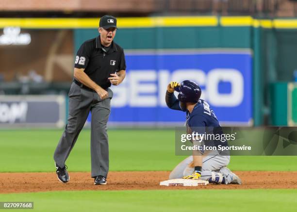 Second base umpire James Hoye calls on out on Tampa Bay Rays third baseman Evan Longoria in the ninth inning of the MLB game between the Tampa Bay...